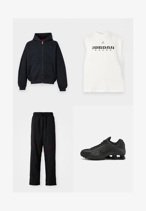 Mustast lukuga kapuutsiga sviiter esitaskute, soonikkoes varruka- ja alumise äärega, millel on vasakul rinnal väike peen logo ning kapuuts punase sisevoodriga.; Valge varrukateta särk tekstiga „JORDAN BRAND“ ja punase Jumpmani logoga teksti kohal rinnapiirkonnas.; Mustad mustas sportlikud püksid tekstureeritud viimistlusega, millel on paelael, punased rõhutruud ja avar lõige.; Mustad mustat jooksujalad, millel on sile sünteetiline ülemus, perforatsioonid, tekstureeritud külgpaneelid ja eristuv elastne tall.