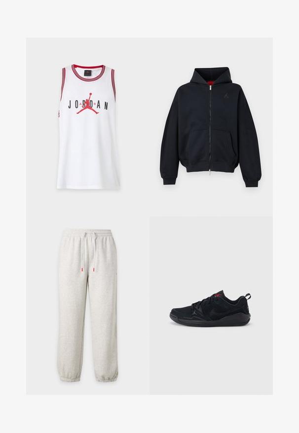 Sudadera negra con cremallera, bolsillos frontales, puños y bajo acanalados, con un pequeño logo sutil en el pecho izquierdo y capucha con forro interior rojo.; Camiseta blanca sin mangas de baloncesto con ribete rojo, con texto negro "JORDAN" y logotipo rojo de Jumpman en el centro.; Pantalones deportivos gris claro con cintura elástica, cordón ajustable con puntas rojas y puños elásticos en los tobillos.; Zapatillas deportivas negras con materiales de malla y gamuza, que cuentan con un diseño texturizado, sistema de cordones y un logo con acento rojo.