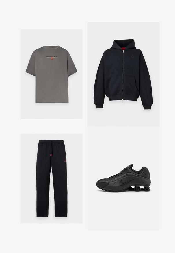 Sweat à capuche zippé noir avec poches avant, poignets et ourlet côtelés, avec un petit logo discret sur la poitrine gauche et une capuche avec doublure intérieure rouge.; T-shirt gris à manches courtes avec le logo "OAKLEY" et un petit graphisme rouge centré sur la poitrine, présenté sur un fond blanc uni.; Pantalon de survêtement noir avec taille élastique et cordon, petit logo Jumpman rouge avec le texte "AIR" sur la cuisse gauche.; Baskets de course noires avec une tige en synthétique lisse, des accents perforés, des panneaux latéraux texturés et une semelle distincte et rebondissante.