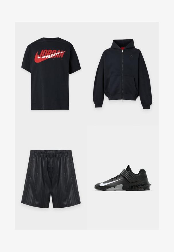 Sweat à capuche zippé noir avec poches avant, poignets et ourlet côtelés, avec un petit logo discret sur la poitrine gauche et une capuche avec doublure intérieure rouge.; T-shirt noir à manches courtes avec un grand logo Jordan Air rouge et blanc sur la poitrine.; Shorts de sport noirs avec taille élastique et fines rayures verticales discrètes comportant des logos "Nike" répétés et des symboles Swoosh.; Baskets de sport noires au design épuré, avec un logo Nike blanc bien en vue, des surcouches texturées et une semelle moulée distincte.