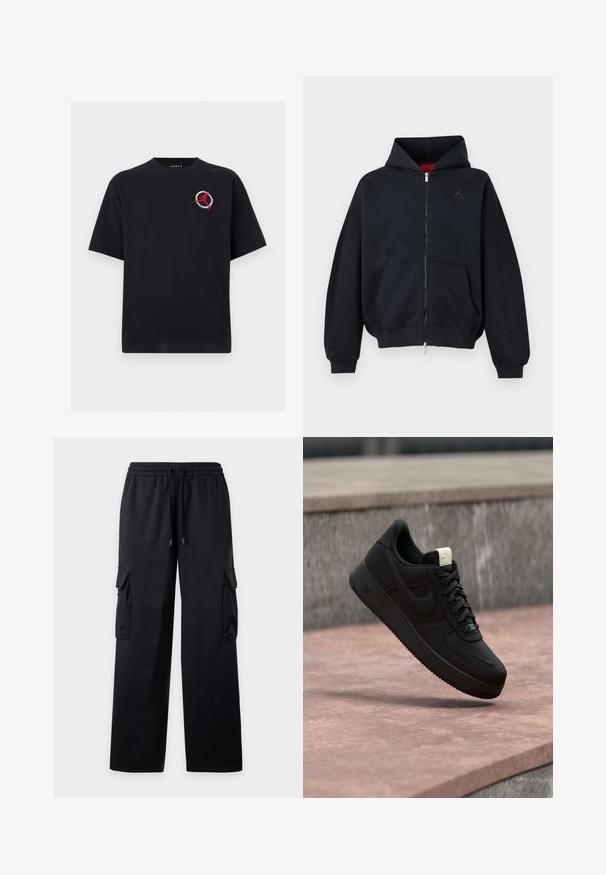 Sudadera negra con cremallera, bolsillos frontales, puños y bajo acanalados, con un pequeño logo sutil en el pecho izquierdo y capucha con forro interior rojo.; Camiseta negra de manga corta con un pequeño logotipo rojo de Jumpman y un diseño circular en el pecho izquierdo.; Pantalones cargo negros de pierna ancha con cintura elástica y cordón, con bolsillos con solapa en ambos muslos.; Zapatilla negra Nike Air Force 1 flotando sobre un borde de hormigón rosa con fondo de piedra gris, mostrando detalles laterales y superiores.