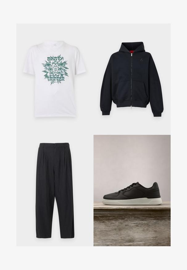 Sweat à capuche zippé noir avec poches avant, poignets et ourlet côtelés, avec un petit logo discret sur la poitrine gauche et une capuche avec doublure intérieure rouge.; T-shirt blanc à manches courtes avec un motif vert représentant plusieurs yeux autour d'un globe, texte "EARTH TRIPPER" et "VOLCOM STONE" sur le devant.; Pantalon noir taille haute à jambes larges avec plis, fermeture par bouton et passants de ceinture, présenté sur un fond clair uni.; Baskets noires avec semelle blanche suspendues au-dessus d'un banc en bois, avec un feuillage vert en arrière-plan flou.