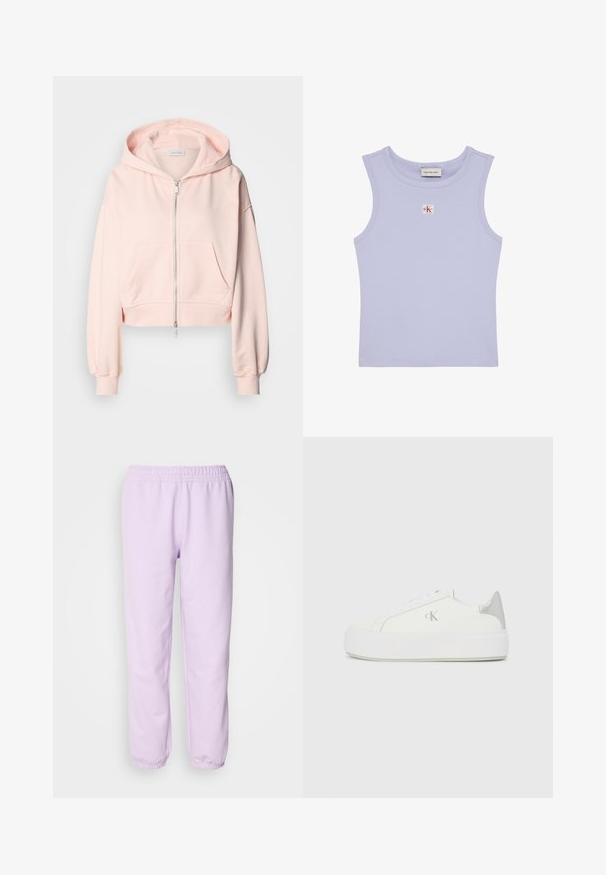 Sudadera corta rosa hecha de tela suave, con cremallera frontal, dos bolsillos delanteros y capucha ajustable con mangas fruncidas.; Top corto sin mangas acanalado en lila con escote redondo y pequeño parche con el logo de Calvin Klein en rojo y blanco en el pecho.; Pantalones de chándal morados claros hechos de tela suave, con cintura elástica y puños elásticos en los tobillos. Diseño simple, sin patrones.; Zapatillas de lona blancas con una suela blanca gruesa, presentan un acento metálico plateado en el talón y un sutil detalle del logo en el lateral.