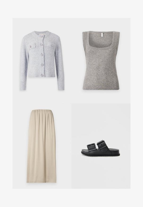 Cardigan tricoté gris clair à manches longues, col rond, deux poches poitrine et six boutons décoratifs en strass à l'avant.; Débardeur gris sans manches en maille côtelée avec un décolleté carré et une silhouette ajustée, présentant une texture lisse et une légère élasticité.; Jupe beige longueur genou en tissu doux avec une taille élastique. Elle présente une texture lisse et un design simple et fluide.; Sandales noires à glissière fabriquées dans un matériau texturé, avec deux sangles réglables dotées de boucles. Semelle plate avec un motif de semelle pour une meilleure adhérence.