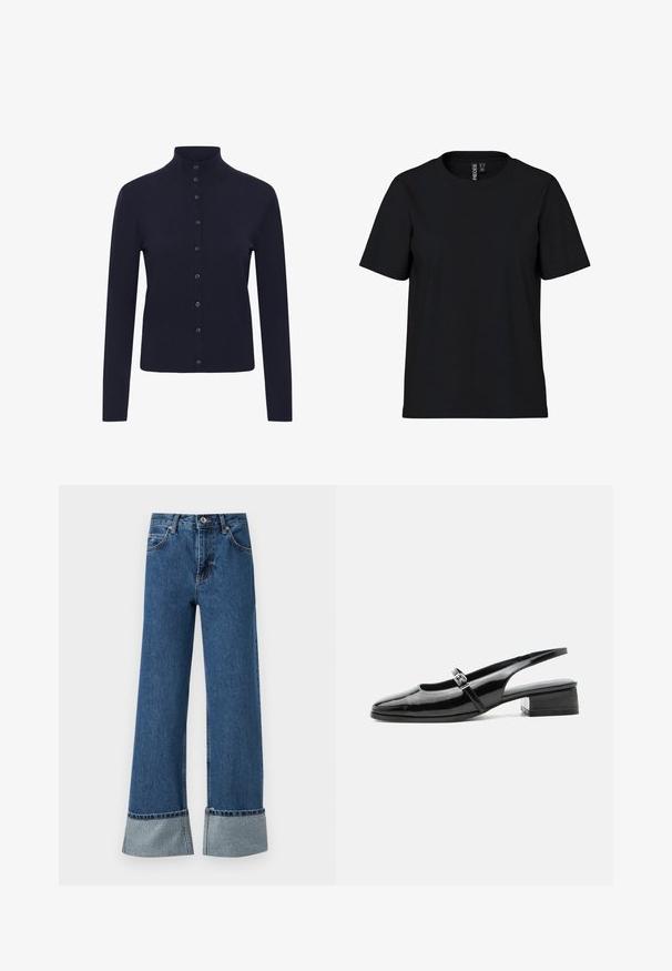 Cardigan de punto azul marino con cuello alto, mangas largas y cierre frontal con seis botones negros. Textura suave y lisa.; Camiseta negra de manga corta hecha de tela suave con escote redondo. Diseño simple sin patrones ni acentos, corte recto en el dobladillo.; Vaqueros de denim azul de pierna ancha con dobladillo deshilachado y acentos decorativos plateados en los puños. Cuenta con un cierre de botón y un diseño de cinco bolsillos.; Zapato slingback de charol negro con tacón bajo y grueso y una fina correa con hebilla de plata en la parte superior.