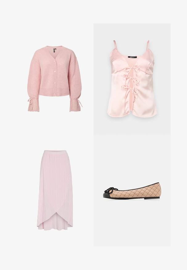 Cárdigan de punto rosa claro con cuello en V, botones frontales y detalles decorativos de encaje en las mangas acampanadas. Textura suave, diseño cropped.; Top de satén rosa con tirantes ajustables, que presenta un cierre frontal con lazo y un diseño con escote en V. Textura suave y líneas limpias.; Falda plisada rosa claro con un dobladillo asimétrico y cintura elástica. Textura suave con rayas verticales para un aspecto fluido.; Mocasines de ballet en cuero acolchado beige claro con punta de charol negro y detalle de lazo. Perfil esbelto con acabado mate y costuras sutiles.