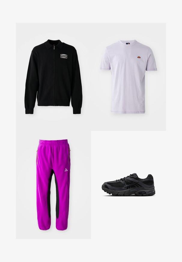 Dickies BOLIVAR - Lukuga pusa - black; Kergelt lilla puuvillane T-särk lühikeste varrukatega, ümar kaelus ja väike tikandiga logo, kus on kujutatud poolringi disaini punase ja kollasega.; Lilla fliispüksid mustade küljeaktsentidega, mis on varustatud tõmblukkudega taskute ja brodeeritud logoga. Elastne vöökoht tagab kindla istuvuse.; Mustad ja tumehallid Nike jooksujalatsid võrgukangaga, seemisnahast detailide, polsterdatud tald ning nähtavate õhku sisaldavate üksustega kannas ja esiosas.
