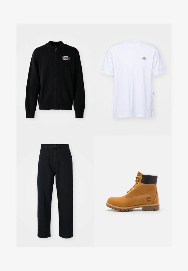 Dickies BOLIVAR - Lukuga pusa - black; Valge puuvillane T-särk, millel on V-kaelus ja lühikesed varrukad. Ees vasakul rinnal on väike värvikas tikand. Pehme tekstuur.; Mustad denim püksid sirge lõikega. Omavad klassikalist viie tasku disaini, nupuga kinnitust ja peent kangatekstuuri.; Pruun nahast pahkluu saabas metallist silmadega, valge karvane vooder, must pehmendatud krae, robustne tallal ja küljes reljeefne logo.