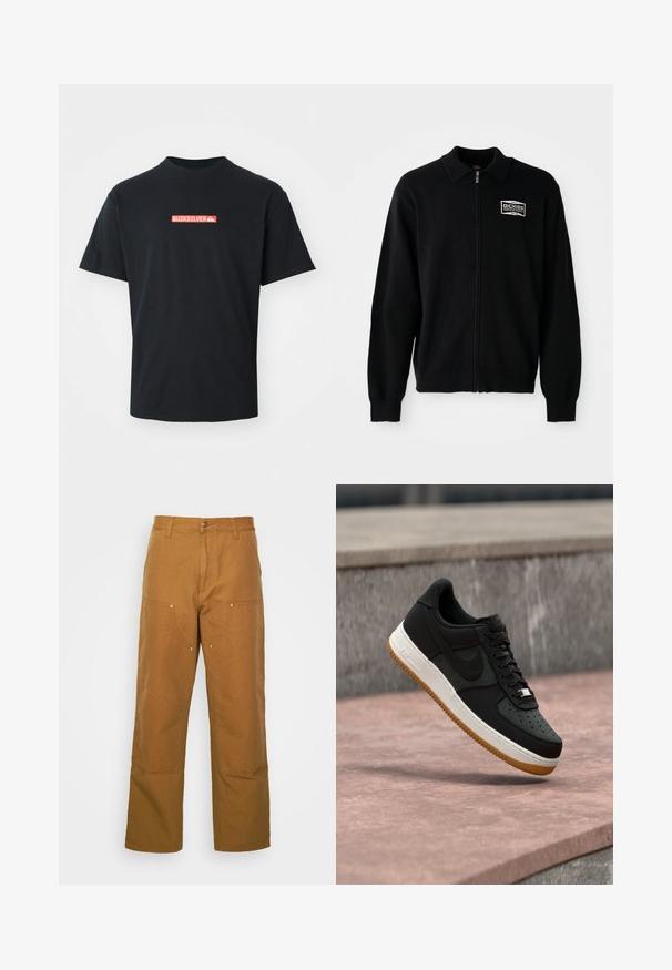 Dickies BOLIVAR - Mikina so zipsom - black; Čierne tričko s krátkym rukávom so malým červeným a bielym logom Quiksilver umiestneným na strednej časti hrudníka, zobrazené na hladkom bielom pozadí.; Hnedé bavlnené utility nohavice so strihom rovného nohu, ktoré obsahujú predné vrecká a kovové detaily pre zvýšenú odolnosť.; Čierna nízka teniska s bielou medzipodrážkou, gumenou podrážkou a logom Nike Swoosh, plávajúca nad ružovým betónovým povrchom s pozadím z kamenného múra.