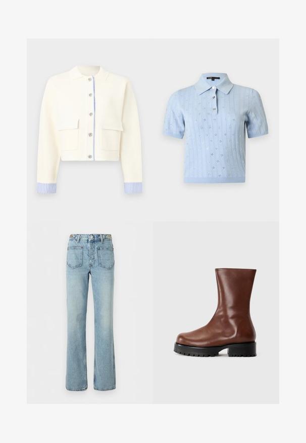 Cremefarbener, kurz geschnittener Cardigan mit blau gestreiften Bündchen, silbernen Blumenknöpfen vorne, zwei Pattentaschen und klassischem Kragen.; Hellblaues, kurzärmeliges Strick-Poloshirt mit floralem Lochmuster und drei vorderen Knöpfen vor einfarbigem Hintergrund.; Hellblaue Jeans mit hohem Bund, vorderen aufgesetzten Taschen, Knopf- und Reißverschluss sowie ausgestellten, geraden Beinen.; Braunes Lederstiefel bis zur Mitte der Wade mit runder Zehe, dicker schwarzer Profilsohle und Blockabsatz auf schlichtem hellen Hintergrund.