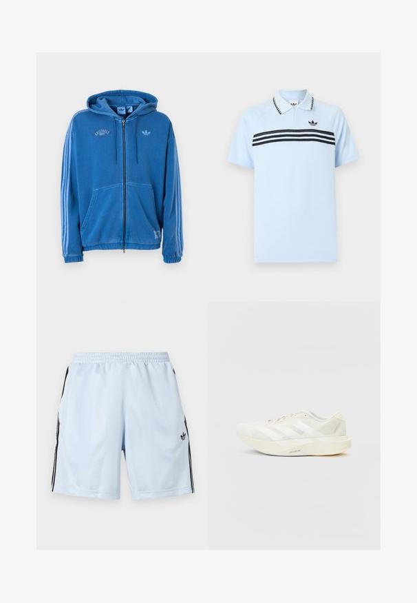 Sudadera con capucha azul de cremallera completa con cordones, bolsillos delanteros, tres franjas azul claro en las mangas y logotipo de Adidas en el pecho y etiquetas.; Polo azul claro de tela texturizada con franjas negras de acento y un logo negro en el pecho. Presenta un diseño con cuello de solapa.; Pantalones cortos deportivos de color azul claro en una tela suave, con rayas laterales negras y un logo bordado en la parte inferior de la pierna izquierda.; Zapatilla deportiva blanca con parte superior de malla, que presenta tres franjas blancas, una punta redondeada y una suela de color claro etiquetada como "LIGHTSTRIKE PRO".