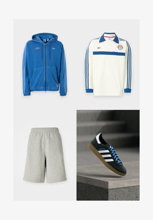 Sinine täislukuga kapuutsiga dressipluus nöörid, ees taskud, varrukatel kolm helesinist triipu ning rinnal ja siltidel Adidas logo.; Valge pikkade varrukatega spordi särk, sinise kraega, siniste triipudega varrukatel, sinise triibuga rinnal, punase logoga ja rinnal kilbiembleem, millel on tähed.; Hallidest hallid puuvillased lühikesed püksid, millel on elastne vöökoht, põlvekõrgune disain ja peen külglogo detail. Pehme tekstuuriga, mugav ja sportlik sobivus.; Must Adidas toss valgete triibu, siniste paelte ja kummist tallaga, hõljuv pehme valgusega halli betoonastme kohal.