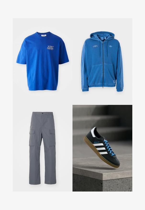 Blå hættetrøje med fuld lynlås, snore, forlommer, tre lyseblå striber på ærmerne og Adidas-logo på brystet og mærkerne.; Blå bomulds t-shirt med kortærmer, prydet med et gråt logo på den øverste venstre bryst, rund halsudskæring og en afslappet pasform.; Grå cargo-bukser lavet af holdbart stof. Funktioner inkluderer en elastisk talje, to store sidelommer og en lige benudskæring.; Sort Adidas sneaker med hvide striber, blå snørebånd og gummisål, der svæver over gråt betontrin i blødt lys.