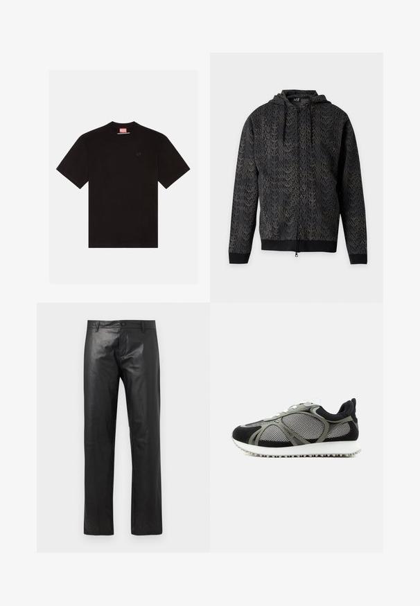 Zwarte zip-up hoodie met EA7 Emporio Armani logopatroon, capuchon met trekkoorden en geribde manchetten en zoom.; Zwarte katoenen t-shirt met korte mouwen, ronde hals en een klein reliëflogo op de borst. Rode merklabel bij de hals.; Zwarte leren broek met rechte pijpen, vooraan voorzien van knopen en riemlussen, afgebeeld tegen een eenvoudige witte achtergrond.; Zwarte en grijze lage sneaker met mesh panelen, witte veters, gevoerde kraag en witte zool met profiel, wijzend naar links op een witte achtergrond.