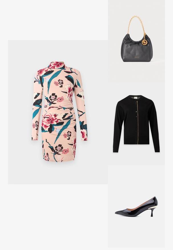 Sort langærmet cardigan med rund halsudskæring, knapper foran og en tynd flerfarvet stribe langs knaplinjen.; Diane von Furstenberg AMY DRESS - Hverdagskjole - light pink; Sort laklæder kitten heel-sko med spids tå og gyldent accent på bagsiden af hælen, vist på en hvid baggrund.; Sort læderhåndtaske med guldkædehåndtag og cirkulært MK logo vedhæng, lille "Michael Kors" tekst centreret nær bunden.