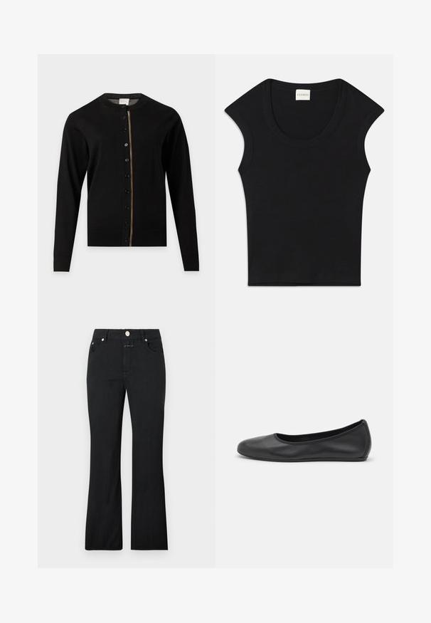Cardigan noir à manches longues avec encolure ronde, boutons sur le devant et une fine bande multicolore le long de la ligne des boutons.; Haut sans manches noir en tissu doux avec un col arrondi et une coupe ajustée. Présente une étiquette portant la mention "CLOSED" au niveau du cou.; Jean noir à jambe droite avec poches avant, passants pour ceinture et fermeture métallique par bouton à la taille.; Ballerines en cuir noir avec un bout rond, texture lisse, détails de couture minimalistes et design de semelle flexible.