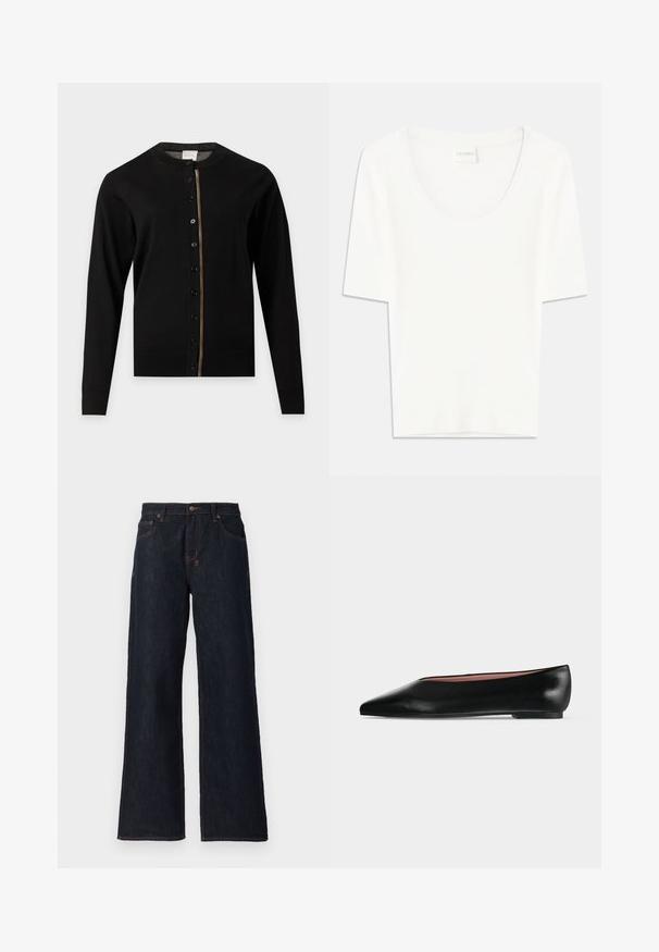 Schwarzer Cardigan mit langen Armen, rundem Ausschnitt, Knöpfen vorne und einem dünnen mehrfarbigen Streifen entlang der Knopfleiste.; Weißes T-Shirt mit kurzen Ärmeln und rundem Ausschnitt. Hergestellt aus weichem Baumwollstoff, bietet es einen lässigen Schnitt und ein minimalistisches Design.; Dunkelblaue weit geschnittene Jeans aus Denim, mit orangen Nähten, zwei Gesäßtaschen und einem Knopfverschluss am Bund.; Schwarzer flacher Damenleder-Schuh mit spitzer Kappe und niedrigem Absatz, von der Seite auf einfarbigem hellgrauem Hintergrund gezeigt.