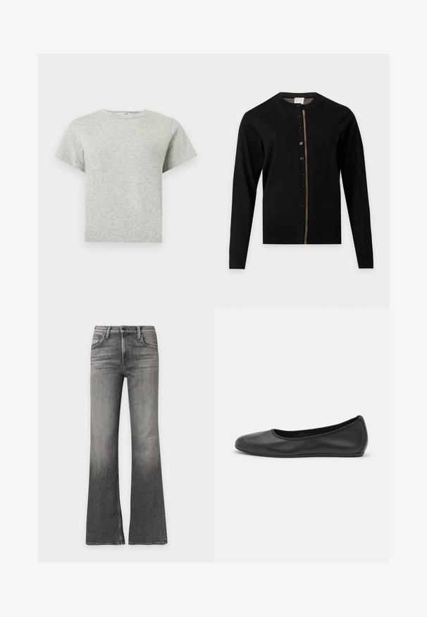 Cardigan noir à manches longues avec encolure ronde, boutons sur le devant et une fine bande multicolore le long de la ligne des boutons.; T-shirt gris clair à manches courtes, col rond, ourlet droit et tissu doux et texturé.; Jean gris taille haute avec une légère évasement en bas, fermeture éclair et bouton à l'avant, et design standard à cinq poches.; Ballerines en cuir noir avec un bout rond, texture lisse, détails de couture minimalistes et design de semelle flexible.