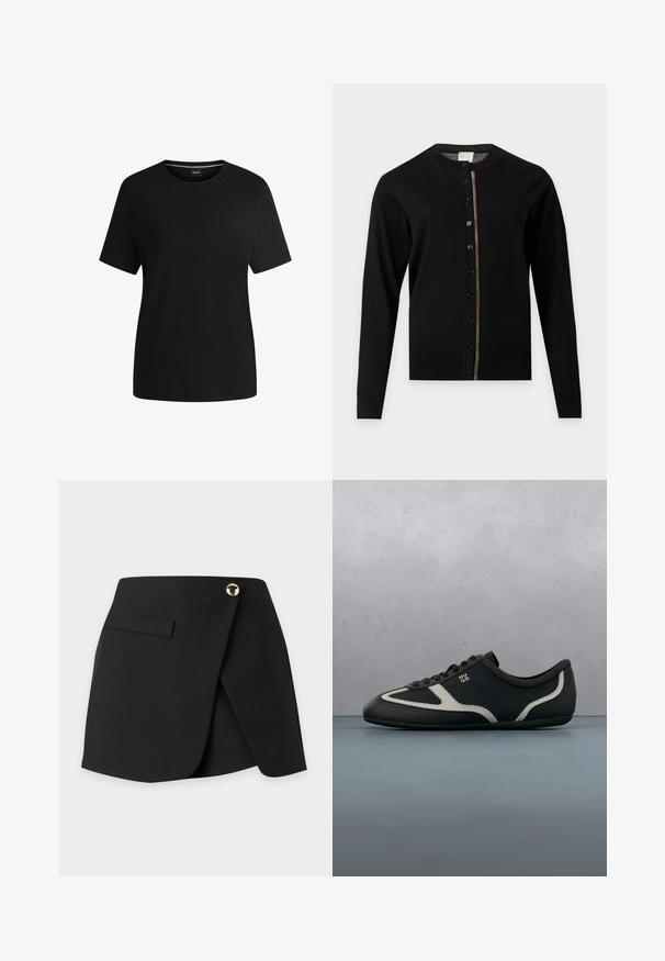 Cárdigan negro de manga larga con escote redondo, botones delanteros y una delgada raya multicolor que recorre la línea de botones.; Camiseta negra de manga corta hecha de suave algodón, con cuello redondo y una textura lisa. Diseño simple sin patrones ni acentos.; Minifalda asimétrica negra con solapa frontal, cierre con un botón dorado y bolsillo horizontal con abertura en el lado izquierdo.; Zapatilla negra con empeine de cuero texturizado, acentos grises contrastantes, puntera redonda y suela plana. Cuenta con cordones y logo de la marca en el lateral.