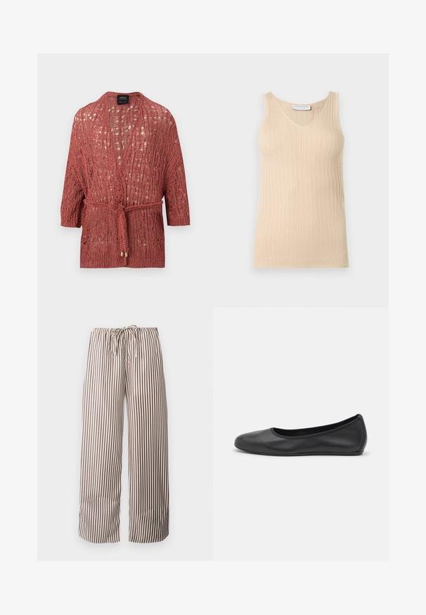 Cardigan à maille ouverte couleur rouille avec manches trois-quarts et ceinture tressée nouée à la taille, présenté sur un fond blanc.; Haut sans manches beige en maille côtelée avec un col en V et une étiquette "Tiger of Sweden" au niveau du col sur un fond clair uni.; Pantalon large à rayures verticales marron et blanches, avec taille élastique et cordon à l'avant.; Ballerines en cuir noir avec un bout rond, texture lisse, détails de couture minimalistes et design de semelle flexible.