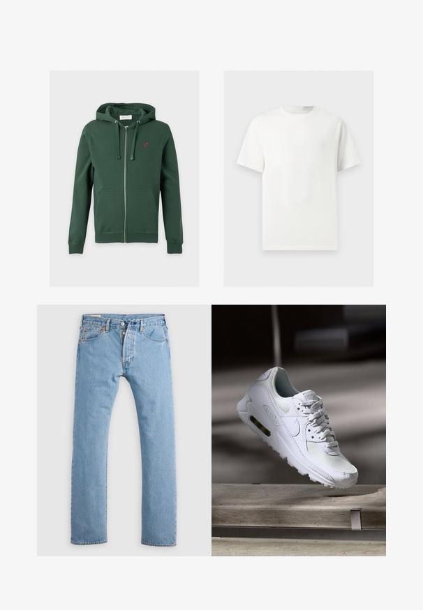 Sweat à capuche zippé vert foncé avec poches avant, capuche à cordon, et petit logo d’oiseau rouge sur la poitrine gauche.; T-shirt blanc uni à manches courtes et col rond présenté sur un fond gris clair.; Jean en denim droit bleu clair avec fermeture à boutons, passants de ceinture, et poches avant et arrière, présenté sur un fond blanc.; Sneaker Nike Air Max 90 blanche avec une tige en mesh et cuir, une boîte à orteils perforée et une unité air visible au talon.