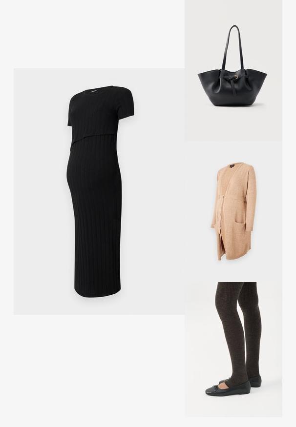 Beige cardigan i blødt strikkemateriale. Åben frontdesign med bindebånd, to påsyede lommer og ribbede manchetter ved ærmerne.; Sort graviditetskjole lavet af ribbet stof. Har et tætsiddende design med korte ærmer og en buet kant, velegnet til en voksende mave.; Ben iført mørke ribbede leggings kombineret med sorte balletsko med små sløjfedetaljer på hvid baggrund.; Sort lædertaske med lange håndtag og en frontrem med en lille gylden spænde, sat mod en ensfarvet baggrund.