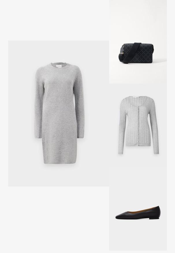 Grå ribbet cardigan med lange ærmer, rund halsudskæring og knaplukning foran. Har struktureret stof og tætsiddende design.; Grå ribbet strikkjole med lange ærmer, rund udskæring og sidesplitter. Stofstrukturen er blød med et ensartet lodret mønster.; Sort læder flad sko med spids tå, lav hæl og glat finish, vist fra siden på en lysegrå baggrund.; Sort crossbody taske med geometrisk mønster, glat tekstur, guldfarvede metaldele og en vævet rem. Kompakt rektangulær form.