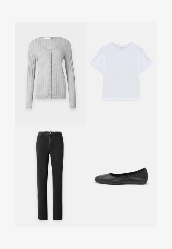 Grå ribbet cardigan med lange ærmer, rund halsudskæring og knaplukning foran. Har struktureret stof og tætsiddende design.; Hvid cropped t-shirt lavet af blødt bomuld, med rund hals og korte ærmer og en let løs pasform. Ingen mønstre eller accenter.; Sorte denimjeans med høj talje, lige ben, fem lommer og med en knaplukning med metalhardware.; Sort læderballetsko med rund tå, glat tekstur, minimal syning og et fleksibelt såldesign.