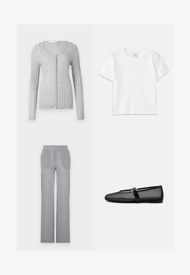 Grå ribbet cardigan med lange ærmer, rund halsudskæring og knaplukning foran. Har struktureret stof og tætsiddende design.; Hvid bomulds-t-shirt med rund hals, korte ærmer og lige kant. Mærke med teksten "Won Hundred" placeret i midten af halsudskæringen.; Grå, ribbet strikbukser med en tætsiddende talje og flared ben. Har en subtil glans og lodrette striber for tekstur.; Sort mesh balletflat med rundt tåparti og justerbar Mary Jane-rem med sølvspænde, på en ensartet lys grå baggrund.