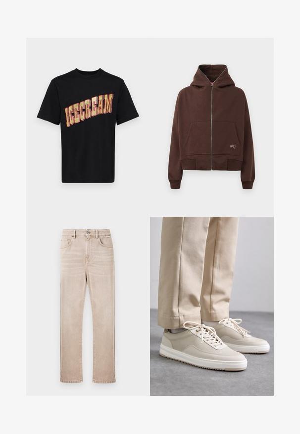Sudadera con cremallera marrón, capucha con cordón, dos bolsillos frontales y puños acanalados. Presenta un pequeño logo en blanco en el lado inferior.; Camiseta de algodón negra con un gran gráfico en negrita de "HELADO" en amarillo y rojo, con un diseño texturizado y patrón en las letras.; Vaqueros beige de mezclilla con corte de pierna recta, cinco bolsillos y cierre frontal de botones. Presentan un sutil desgastado y detalles de costura.; Zapatillas beige con parte superior texturizada, suelas blancas y detalles cosidos, combinadas con pantalones beige, exhibidas sobre una superficie gris.