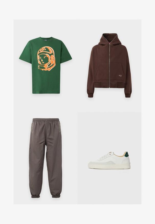 Sudadera con cremallera marrón, capucha con cordón, dos bolsillos frontales y puños acanalados. Presenta un pequeño logo en blanco en el lado inferior.; Camiseta de algodón verde con un gran gráfico de un astronauta naranja en el frente, de manga corta y con un corte relajado.; Pantalones oscuros de color gris, con cintura elástica y corte relajado. Presentan puños fruncidos y un bordado sutil en los lados. Tejido ligero.; Zapatilla blanca con acentos de ante, puntera redondeada, cordones planos y suela de goma color crema. Presenta un logo verde en el talón.