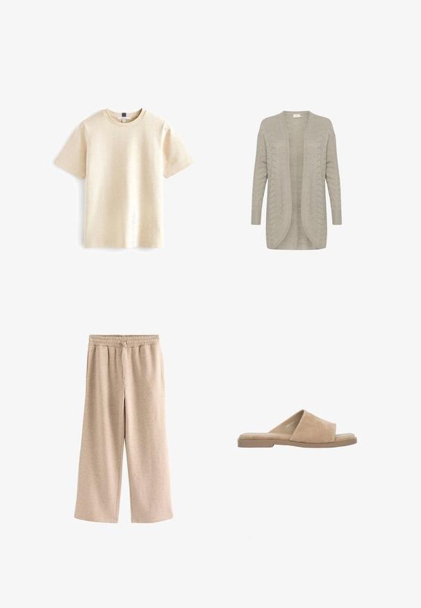 Helles graues, gestricktes Cardigan mit offenem Front, langen Ärmeln, gerippten Bündchen und strukturiertem Zickzackmuster. Weiche Stoffoberfläche.; Beige T-Shirt mit kurzen Ärmeln aus weicher Baumwolle, mit einem runden Ausschnitt und einem entspannten Schnitt mit subtiler Textur.; Beige Hose mit weitem Bein, elastischem Bund und Kordelzug, aus einem weichen, gesprenkelten Stoff.; Beige Wildleder offene Zehen flache Pantoffel mit breitem Riemen und gepolsterter Innensohle, auf weißem Hintergrund dargestellt.