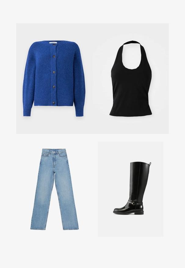 Blå strikket cardigan med rund halsudskæring, lange ærmer og seks sorte knapper foran. Teksturstof med en blød finish.; Sort halterneck top lavet af blød stof, med en scoop halsudskæring og en tætsiddende silhuet, med en glat tekstur og uden synlige mønstre.; Lys blå denim jeans med høj talje, lige ben-design, der har fem lommer og en knaplukning. Ingen synlige mønstre.; Sorte knæhøje støvler lavet af blankt læder med en sølvfarvet spænde ved anklen og rundet snude. Flad sål.