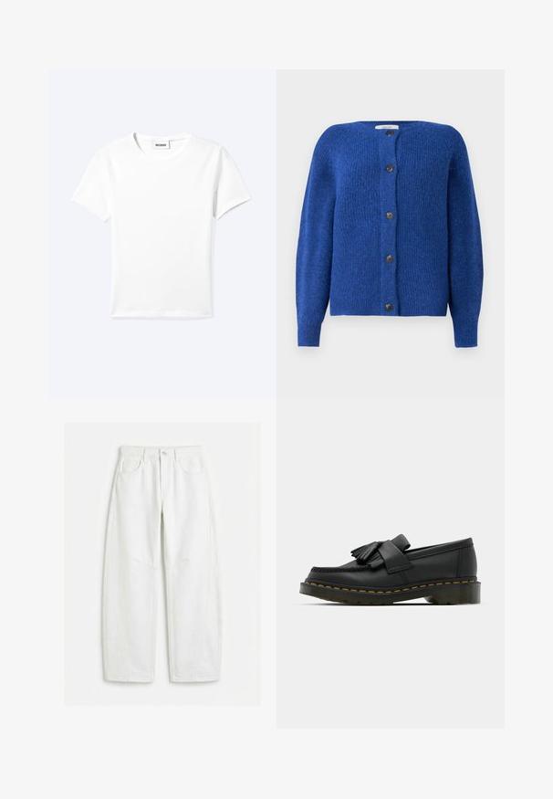 Cardigan en tricot bleu avec un col rond, des manches longues et six boutons noirs sur le devant. Tissu texturé avec une finition douce.; T-shirt blanc uni à manches courtes et col rond avec une petite étiquette "WEEKDAY" à l'intérieur de l'encolure, présenté à plat sur un fond clair.; Jean blanc à jambes droites avec poches avant, passants pour ceinture, fermeture par bouton et détails de coutures visibles.; Mocassins en cuir noir avec un bout rond, présentant un détail à franges et une bande décorative à l'avant, montés sur un talon épais.
