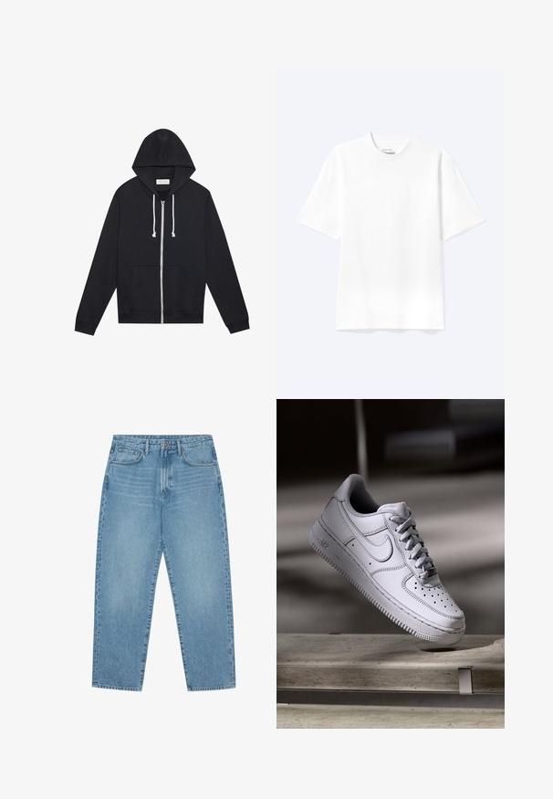 Capuz preto com fecho éclair, cordões brancos, bolsos frontais e um rótulo da marca "Pier One" visível dentro da gola.; T-shirt branca lisa de manga curta com decote redondo e corte descontraído, exibida sobre um fundo claro.; Calças de ganga azul-claro com corte de perna reta, design de cinco bolsos e textura ligeiramente desbotada. Apresentam fecho de botão e zipper.; Sapatilha Nike Air Force 1 em pele branca com biqueira perfurada, atacadores planos e sola de borracha texturada com a marca "AIR" na lateral.