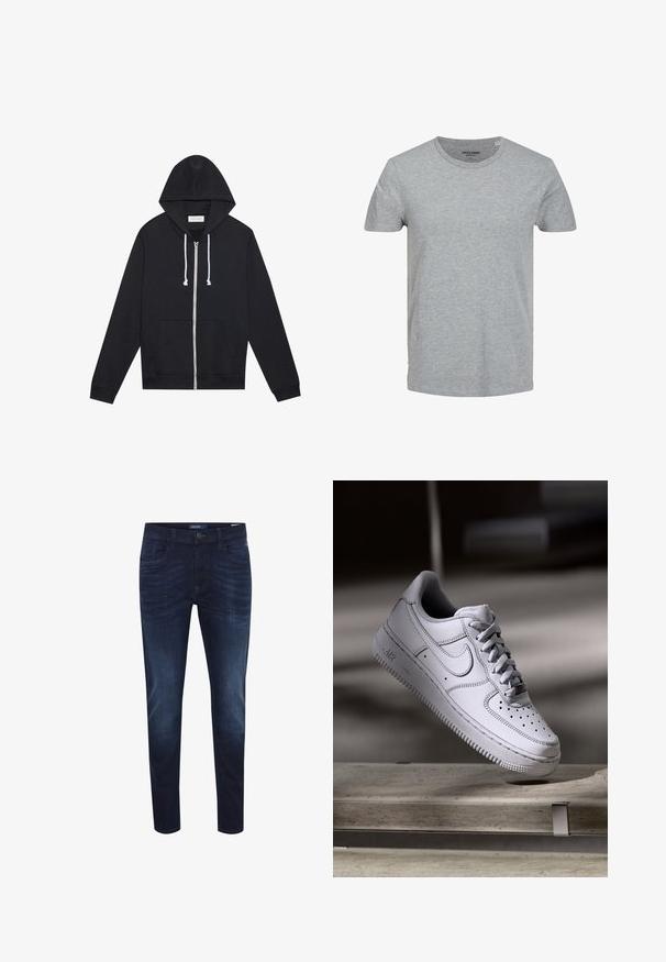 Pull à zip noir avec cordons blancs, poches avant et étiquette de marque "Pier One" visible à l'intérieur du col.; T-shirt gris à manches courtes en coton doux. Doté d'un col ras du cou classique et d'une coupe régulière. Design simple sans motifs ni accents.; Jeans en denim bleu foncé avec une coupe slim, design à cinq poches, un léger effet délavé, fermeture à bouton et étiquette logo sur la taille arrière.; La basket Nike Air Force 1 en cuir blanc présente un embout perforé, des lacets plats et une semelle en caoutchouc texturée avec le logo « AIR » sur le côté.