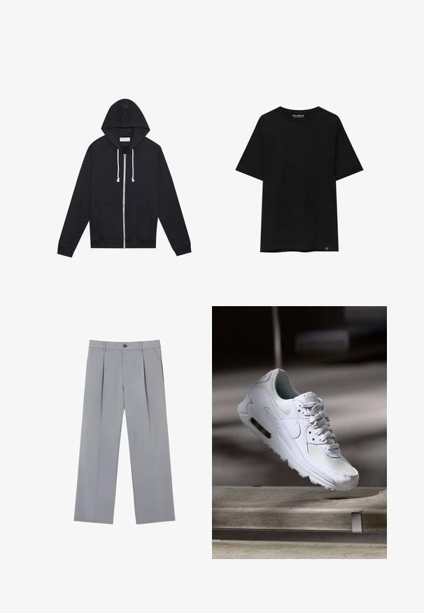 Pull à zip noir avec cordons blancs, poches avant et étiquette de marque "Pier One" visible à l'intérieur du col.; T-shirt noir à manches courtes en coton, avec un col ras du cou et une petite étiquette de marque en bas à gauche.; Pantalons plissés gris à coupe décontractée, en tissu léger. Comprend des poches avant et une fermeture à bouton à la taille.; Sneaker Nike Air Max 90 blanche avec une tige en mesh et cuir, une boîte à orteils perforée et une unité air visible au talon.