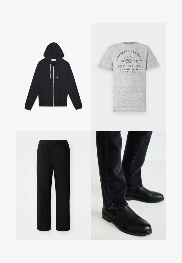 Schwarze Kapuzenjacke mit weißen Kordeln, Fronttaschen und einem sichtbaren "Pier One"-Markenetikett im Kragen.; Graues Heather-Kurzarmshirt mit dem Aufdruck "Authentic Classics 1962" und "Tom Tailor" in kontrastierenden dunkelgrünen und schwarzen Buchstaben.; Schwarze Baumwollhose mit lockerer Passform, elastischem Taillenbund, zwei Fronttaschen und geradem Bein. Glatte Textur ohne sichtbare Muster.; Schwarze Leder-Stiefeletten mit runder Zehenform und elastischen Seitenpaneelen, kombiniert mit dunklen Jeans, die eine glatte Textur und ein schlankes Design zeigen.