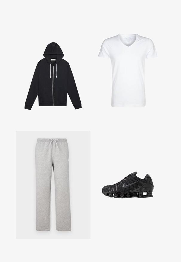 Sorte zip-up hoodie med hvide snore, forlommer og et synligt "Pier One" mærkeskilt indeni kraven.; Hvid V-hals t-shirt lavet af blødt bomuld. Kortærmet, afslappet pasform og minimal syning. Ingen mønstre eller grafik.; Grå joggingbukser med elastisk talje og snor. Fremstillet af blødt stof, de har lige ben og diskret logodetalje.; Sorte atletikskoser lavet af mesh og syntetiske materialer, med et karakteristisk bølget design, sort gummisål og reflekterende detaljer.