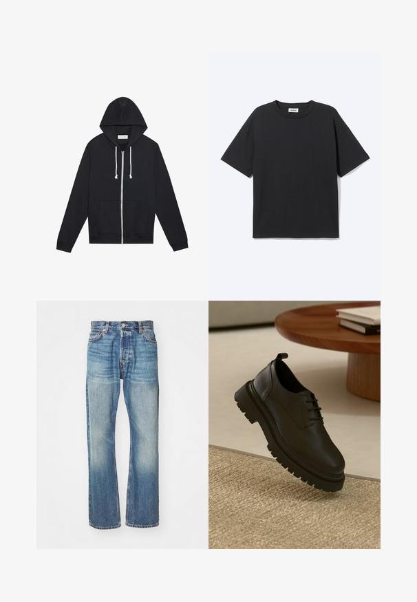 Sudadera con cremallera negra, con cordones blancos, bolsillos frontales y una etiqueta de la marca "Pier One" visible dentro del cuello.; Camiseta negra de manga corta con cuello redondo, ajuste relajado, vista frontal, diseño sencillo y etiqueta visible de la marca Weekday en el interior del cuello.; Jeans de mezclilla azul claro con un diseño clásico de pierna recta, acabado desgastado y costuras visibles en toda su extensión. Presenta bolsillos frontales y trabillas para cinturón.; Zapato de cuero negro con una superficie texturizada, punta redonda, diseño de cordones y una suela de goma negra gruesa. Flotando sobre una alfombra de yute.