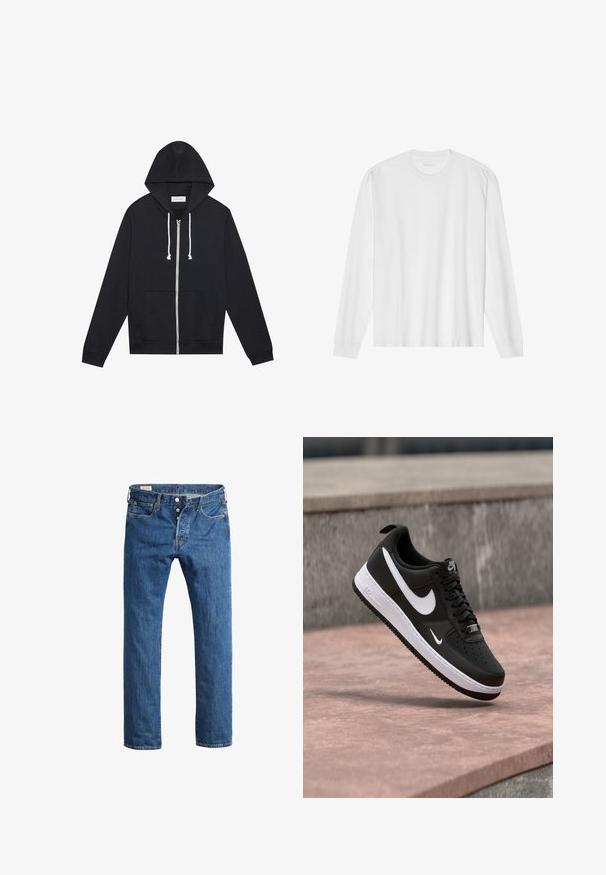 Sorte zip-up hoodie med hvide snore, forlommer og et synligt "Pier One" mærkeskilt indeni kraven.; Hvid, langærmet t-shirt i bomuld med rund hals, med ribbede ærmeafslutninger og en lige kant, glat tekstur og minimalistisk design.; Blå denim jeans med lige ben-design, der har en front knaplukning, bæltestropper og klassisk fem-lomme styling.; Sort-hvid Nike Air Force 1 sneaker svævende over en lyserød betonflade med en grå stenbaggrund.