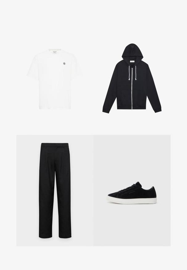 Sudadera con cremallera negra, con cordones blancos, bolsillos frontales y una etiqueta de la marca "Pier One" visible dentro del cuello.; Camiseta de manga corta blanca con un cuello redondo y un pequeño logo geométrico gris en el lado izquierdo del pecho. Fabricada en suave material de algodón.; Pantalones negros de tela suave, con un diseño de pierna recta, dos pliegues frontales y una cintura estándar con trabillas para el cinturón.; Zapatillas de ante negro con diseño de corte bajo, punta redonda y suela de goma blanca. Presenta cordones negros y una marca minimalista en el lateral.