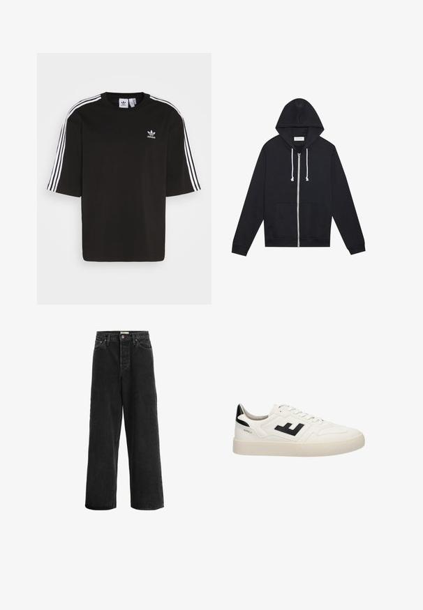 Zwarte zip-up hoodie met witte trekkoorden, voorzakken en een zichtbaar "Pier One" merklabel binnenin de kraag.; Zwarte T-shirt met korte mouwen, gemaakt van katoen, met witte drie-strepen accenten op de schouders en een geborduurd Adidas-logo op de borst.; Zwarte wijde jeans gemaakt van denim stof. Heeft een hoge taille, twee voorklepjes, een knoopsluiting en subtiele stikseldetails.; Witte lage sneaker met zwarte hielpatch, zwart geometrisch logo aan de zijkant, witte veters en een gestructureerde off-white zool.