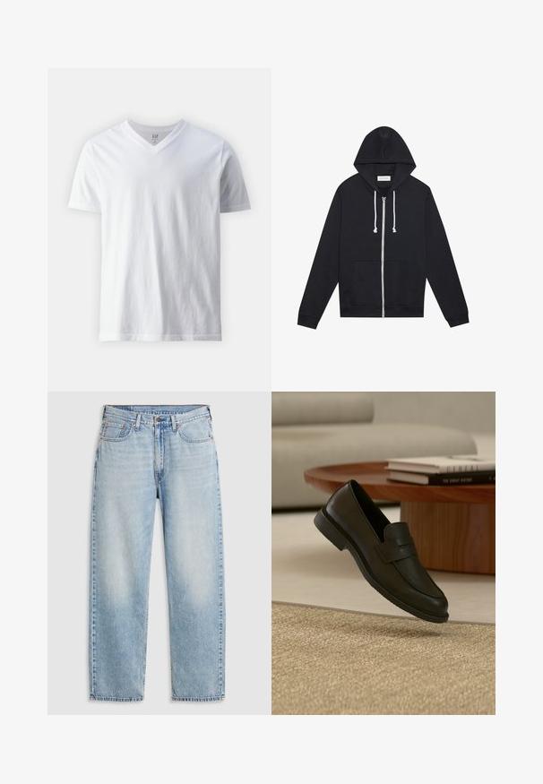 Zwarte zip-up hoodie met witte trekkoorden, voorzakken en een zichtbaar "Pier One" merklabel binnenin de kraag.; Korte mouwen, V-hals witte T-shirt van katoen. Heeft een eenvoudig ontwerp met een gladde textuur en een relaxte pasvorm.; Lichtblauwe rechte jeans met vijf zakken, metalen knoopsluiting en vervaagde details op de dijen en knieën, plat gelegd op een witte achtergrond.; Zwarte leren loafer schoen getoond in de lucht boven een beige geweven tapijt, met een houten tafel en gestapelde boeken in een zacht verlichte woonkamer.