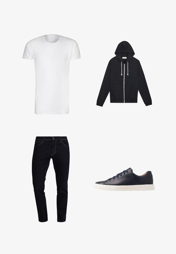 Schwarze Kapuzenjacke mit weißen Kordeln, Fronttaschen und einem sichtbaren "Pier One"-Markenetikett im Kragen.; Weißes T-Shirt mit kurzen Ärmeln, aus weicher Baumwolle, mit Rundhalsausschnitt und geradem Saum. Keine sichtbaren Muster oder Verzierungen.; Dunkelblaue Denim-Jeans mit einem klassischen geraden Schnitt. Mit subtilen Nähakzenten und einem vorderen Knopfverschluss.; Marineblaue Ledersneaker mit glatter Oberfläche, flacher weißer Gummisohle, runder Zehenpartie und sechs marineblauen Schnürsenkeln, die durch runde Ösen gefädelt sind.