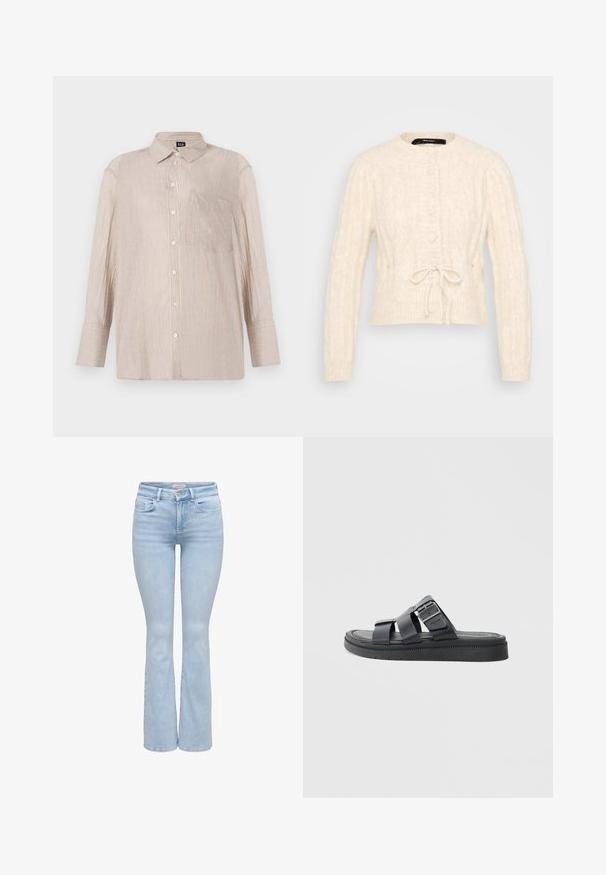 Cárdigan crema con punto trenzado, cuello redondo, botones delanteros y detalle de lazo en la cintura. Mangas largas con puños acanalados.; Camisa de botones a rayas en beige con líneas blancas y azules, con cuello y un bolsillo en el pecho; mangas largas con puños abotonados.; Jeans de mezclilla azul claro de tiro alto con cierre frontal de botón y cremallera, diseño de cinco bolsillos y piernas ligeramente acampanadas.; Sandalias planas negras con dos tiras cruzadas, un detalle de hebilla plateada y suela de goma texturizada para mayor agarre.