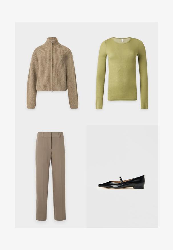 Beige ribstrikket trøje med lange ærmer, høj krave og frontlynlås på ensfarvet baggrund.; Langærmet tætsiddende olivengrøn skjorte med rund halsudskæring på en ensartet lys baggrund.; Klassiske kaki bukser med lige ben, bæltestropper og lynlås foran på hvid baggrund.; Sorte patenterede læder Mary Jane flade sko med spids tå, én rem og lav hæl på ensfarvet baggrund.