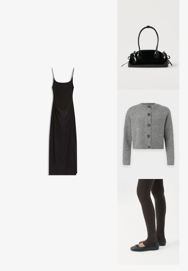 Cardigan gris court avec texture côtelée, col rond et six boutons foncés sur le devant. Manches longues avec poignets côtelés.; Robe maxi noire sans manches avec fines bretelles, côtés froncés et encolure carrée sur fond blanc.; Jambes portant des leggings côtelés foncés associés à des ballerines noires avec de petits détails en nœud sur fond blanc.; Petit sac à main noir brillant avec deux longues anses et des détails à cordon sur les côtés sur un fond clair uni.