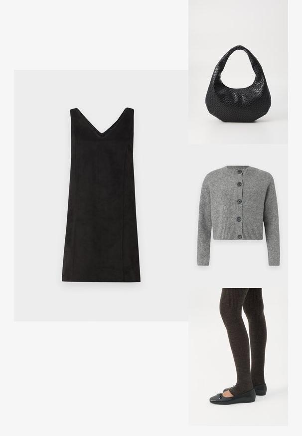 Cárdigan corto gris con textura acanalada, cuello redondo y seis botones oscuros en la parte delantera. Mangas largas con puños acanalados.; Vestido negro sin mangas con escote en V, hecho de un material suave, con corte recto y detalles mínimos. Textura suave.; Piernas con leggings oscuros acanalados combinados con bailarinas negras que presentan pequeños detalles de lazo sobre un fondo blanco.; Bolso de mano tejido en negro con un asa curvada, que presenta una superficie texturizada y una forma holgada. Acabado suave con una silueta orgánica.