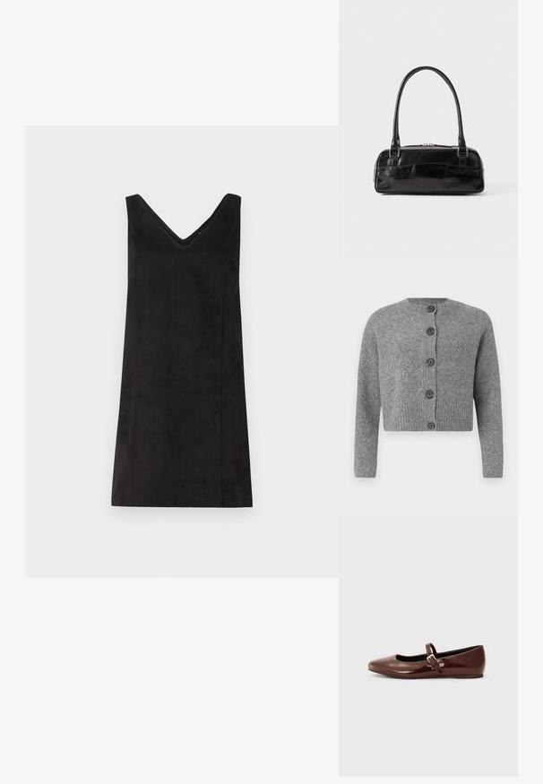 Cárdigan corto gris con textura acanalada, cuello redondo y seis botones oscuros en la parte delantera. Mangas largas con puños acanalados.; Vestido negro sin mangas con escote en V, hecho de un material suave, con corte recto y detalles mínimos. Textura suave.; Bailarina de charol marrón con punta cuadrada y tira que presenta una pequeña hebilla dorada. Textura suave, tacón bajo y diseño minimalista.; Bolso de mano de cuero negro con forma rectangular, equipado con un asa estructurada, herrajes en plata y cierre de cremallera. Textura suave.